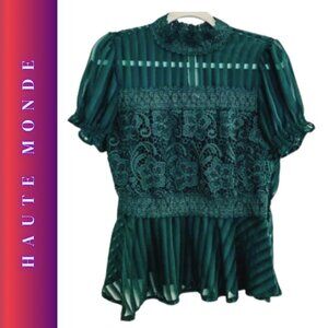 Medium Haute Monde Sheer Green Lace Blouse Victorian High neck Delicate,…